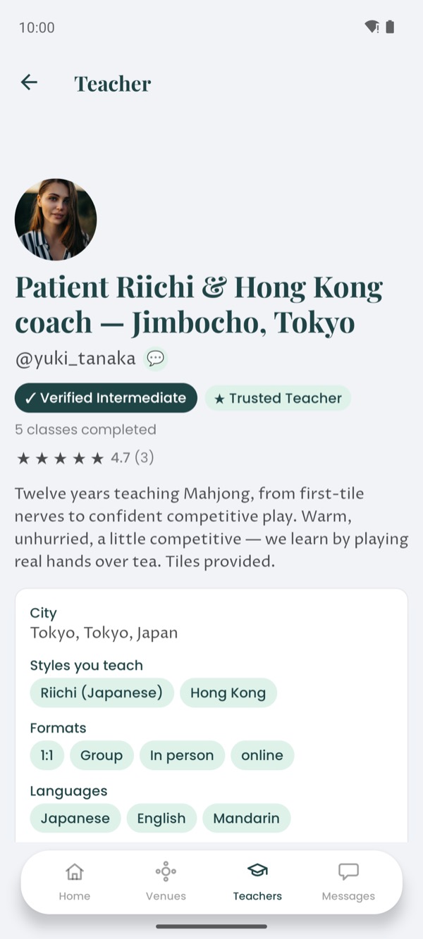 Luv Mahjong teacher profile — verified coach with styles, rating and in-app booking