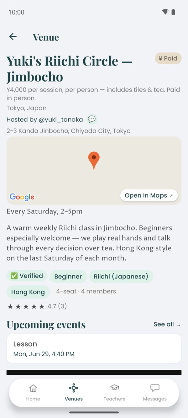 Luv Mahjong venue page — verified club with map, schedule and upcoming events